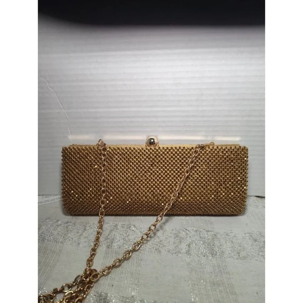Vintage Retro Caziar Chainmail Clutch Bag Matte Gold‎ With Clasp Chain Strap